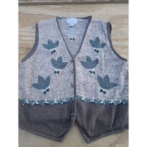 Vtg Hand Embroidered V Neck Knit Sweater Vest M Fall Leaf‎ Holliday Festive Ugly